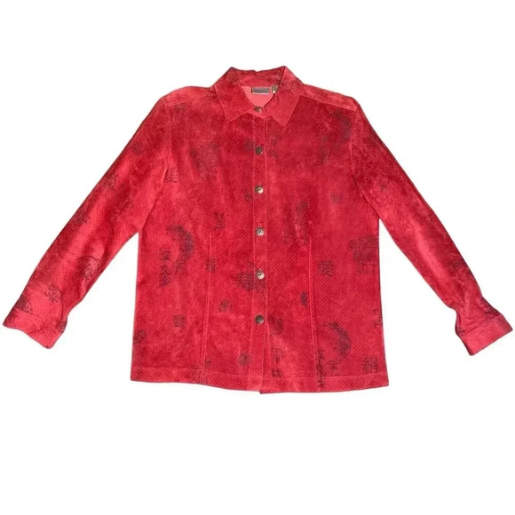 CHICO'S Leather Suede Shirt Jacket Womens Size 1 (Medium) Red Black Asian Print - Picture 1 of 8